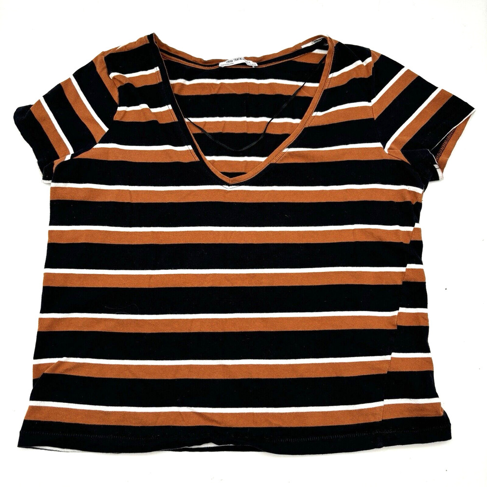 2018 Zara Trafaluc Orange Black White Striped Cropped Short Sleeve Top Size M